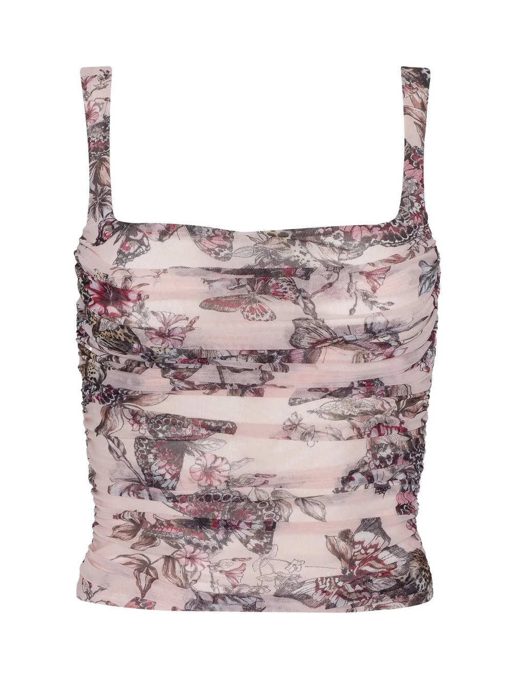 L'AGENCE Pink Floral Mesh Ruched Tank Top